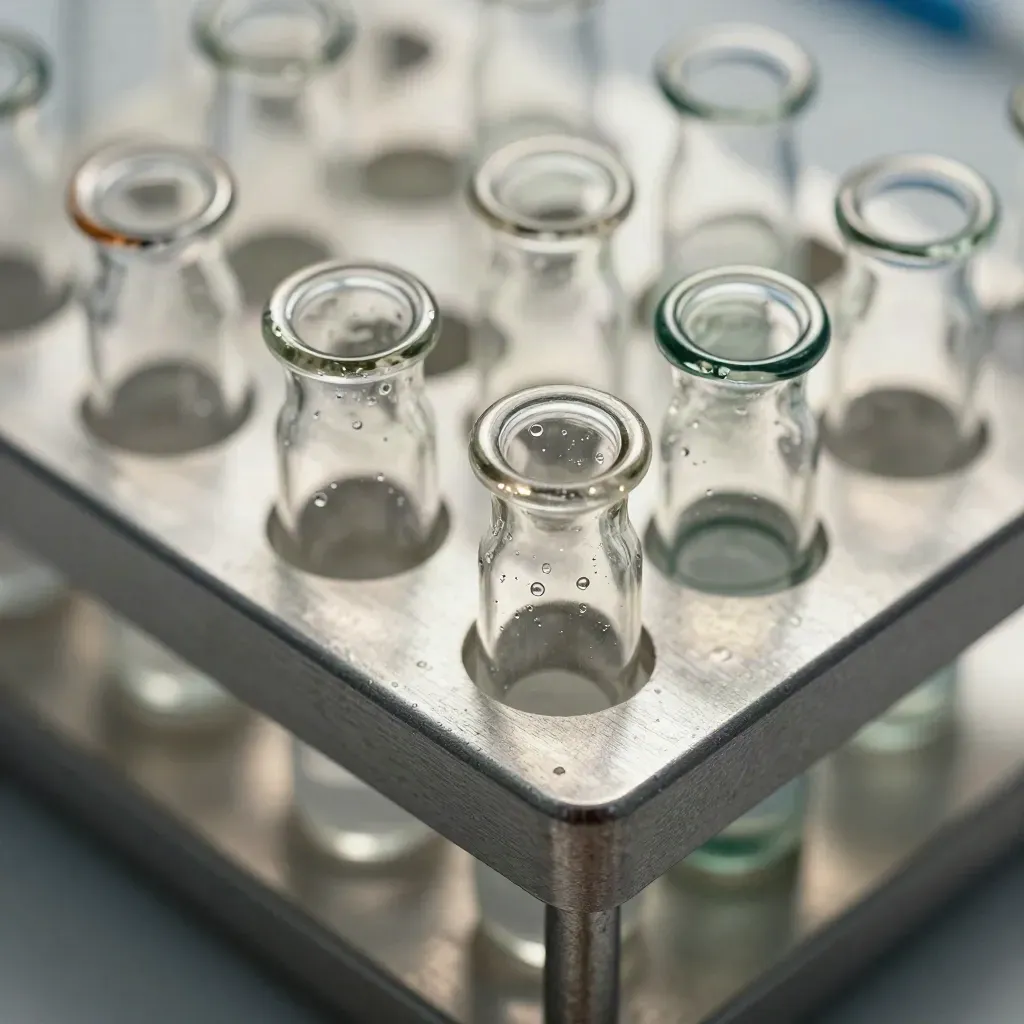 Macro lab vials and microtubes on a brushed steel rack with cool haze