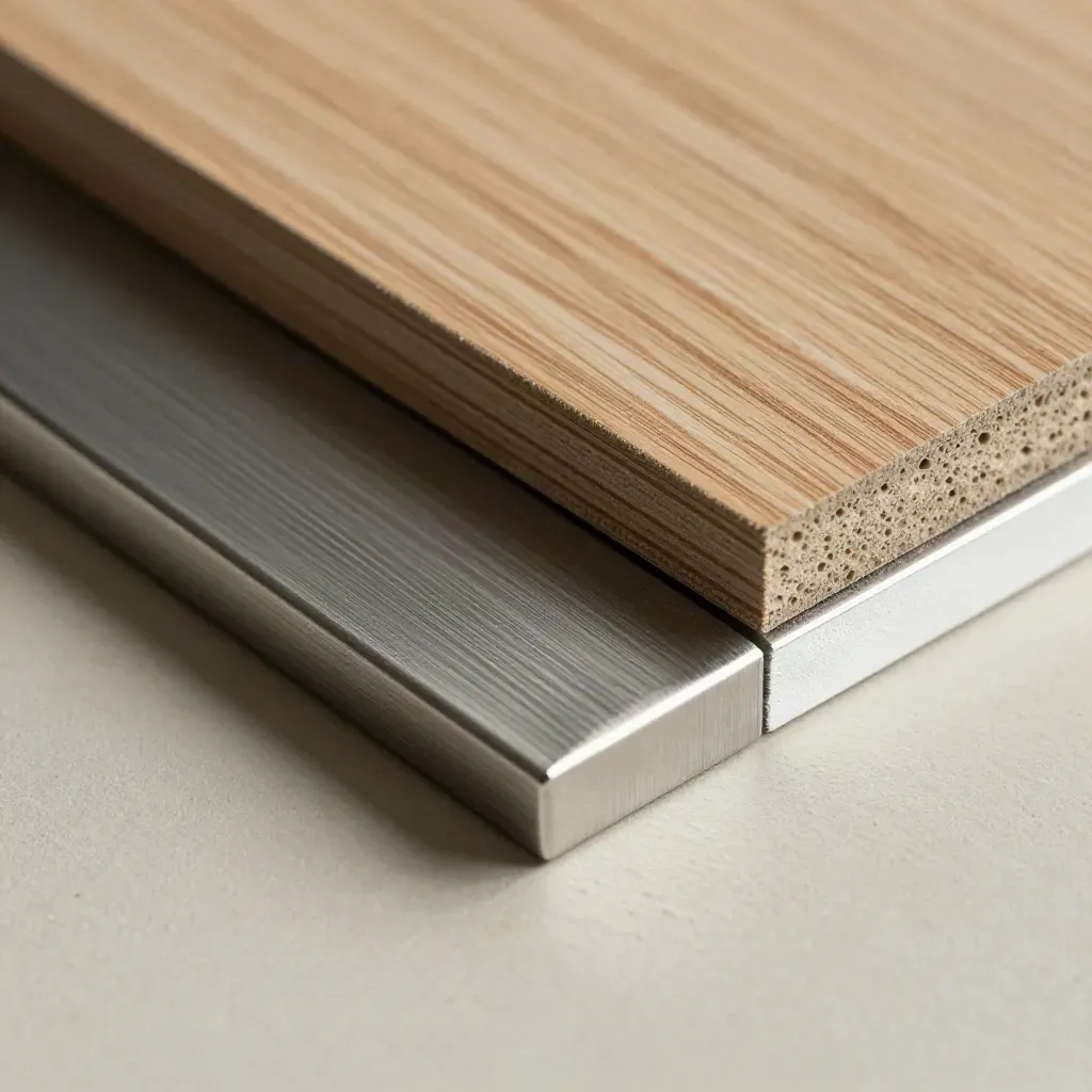 Aluminum joints, steel angle plate, and oak sample on pale plaster in a close-up studio still life.