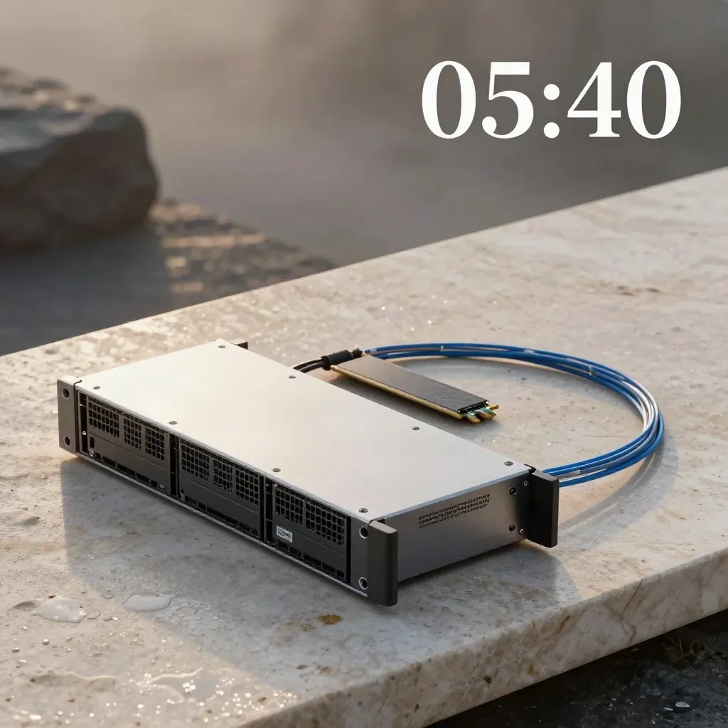 Wet 1U server chassis with drive caddies and fiber cable on limestone in cool pre-dawn light.