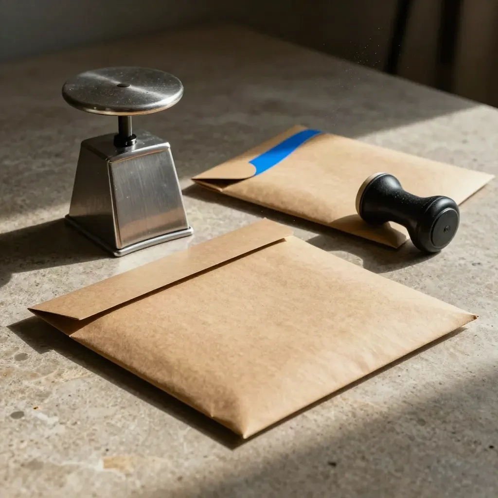 Premium shipping mailers, metal scale weight, and parcel seal on warm stone