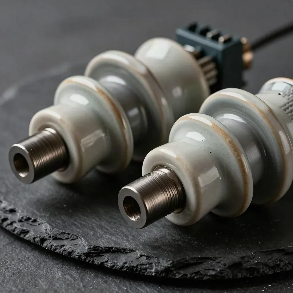 Ceramic insulators, cable glands, and relay block on charcoal slate, close and detailed.