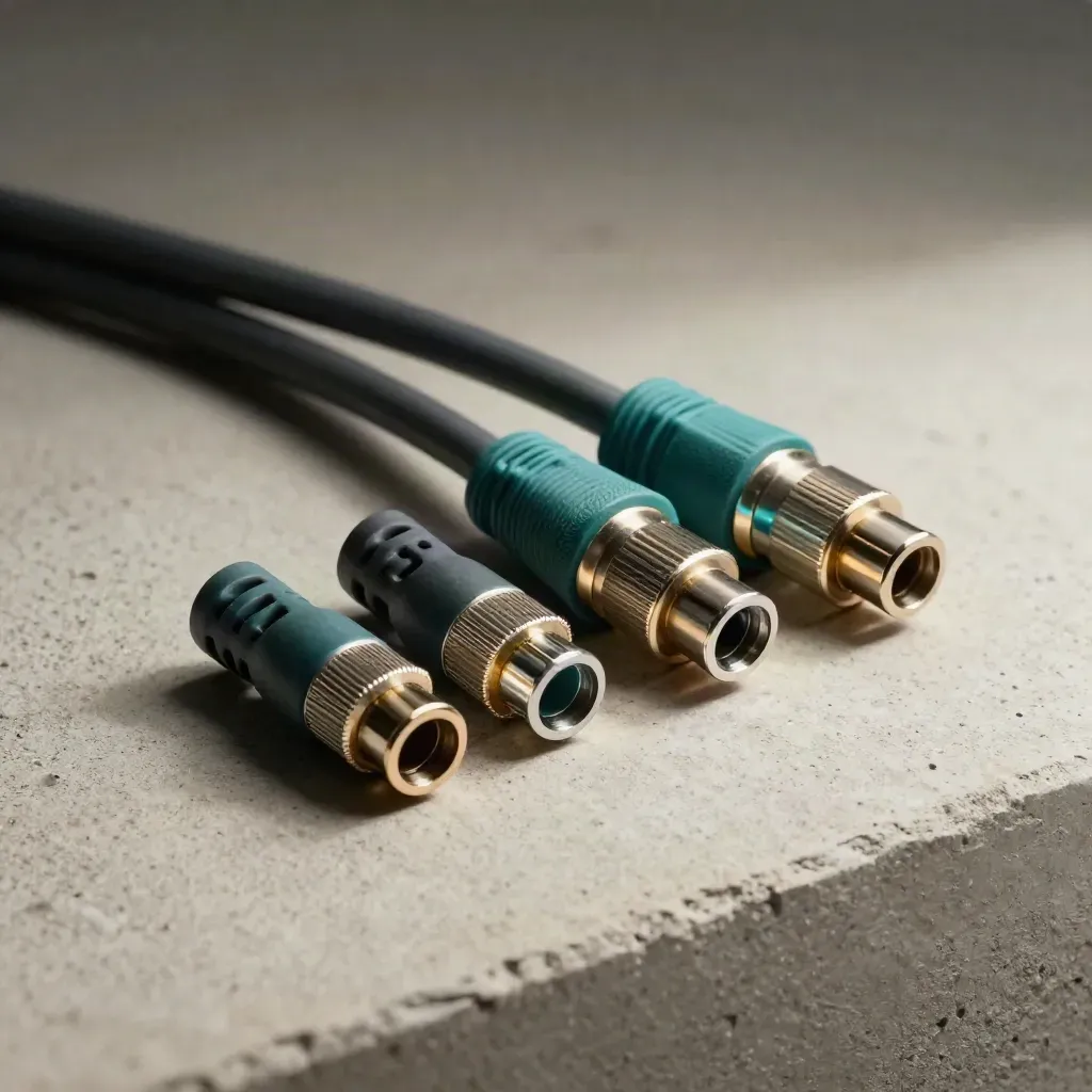 Fiber optic caps and a coiled patch lead on pale concrete under dramatic studio light.
