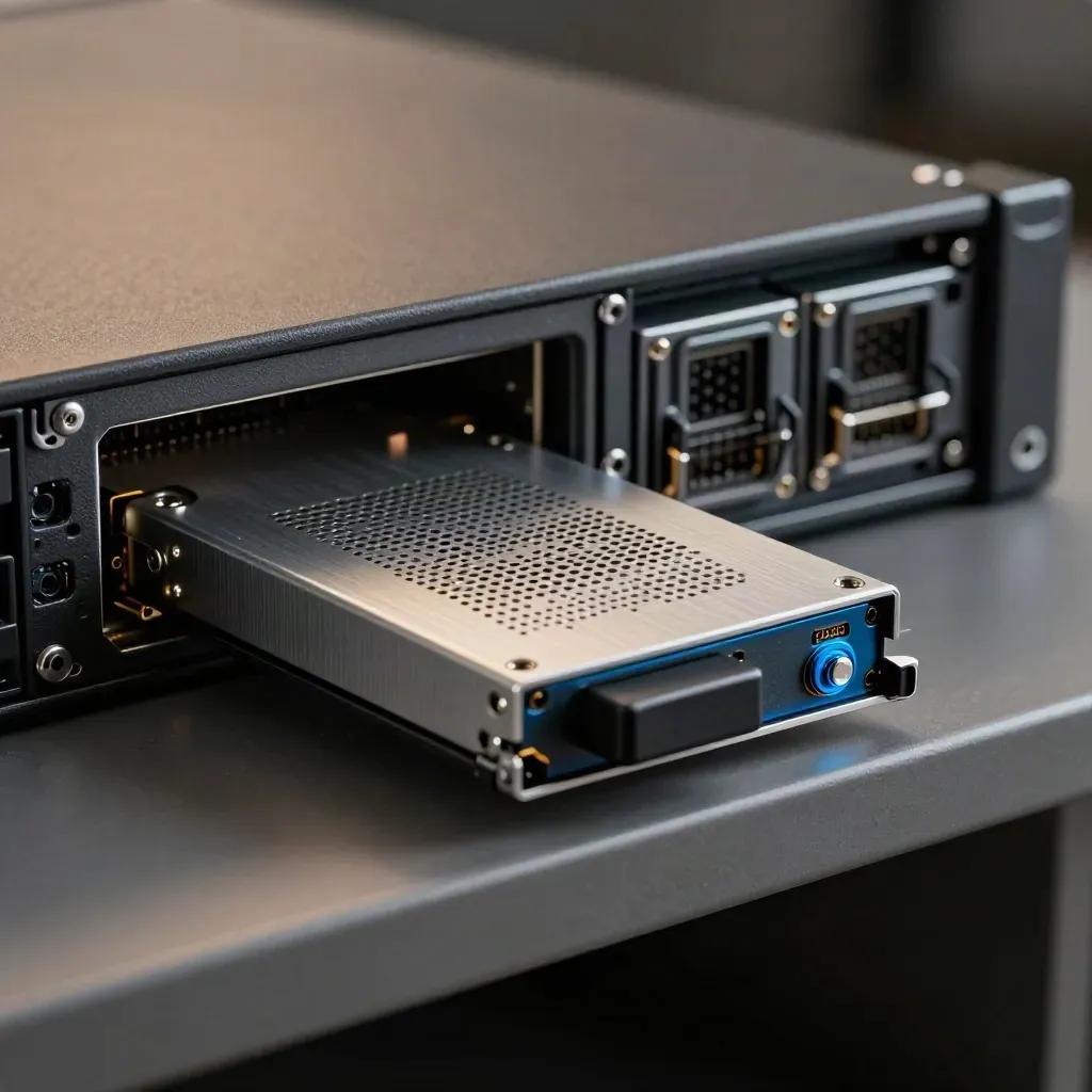 Macro of a half-extended SSD caddy in a rack server with spare caddies and a latch key.