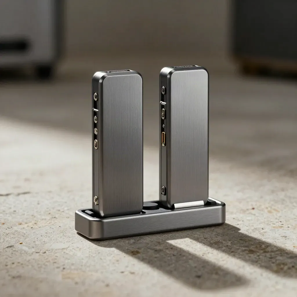 Two NVMe cartridges nested in a metal cradle on a stone surface, seen from above.