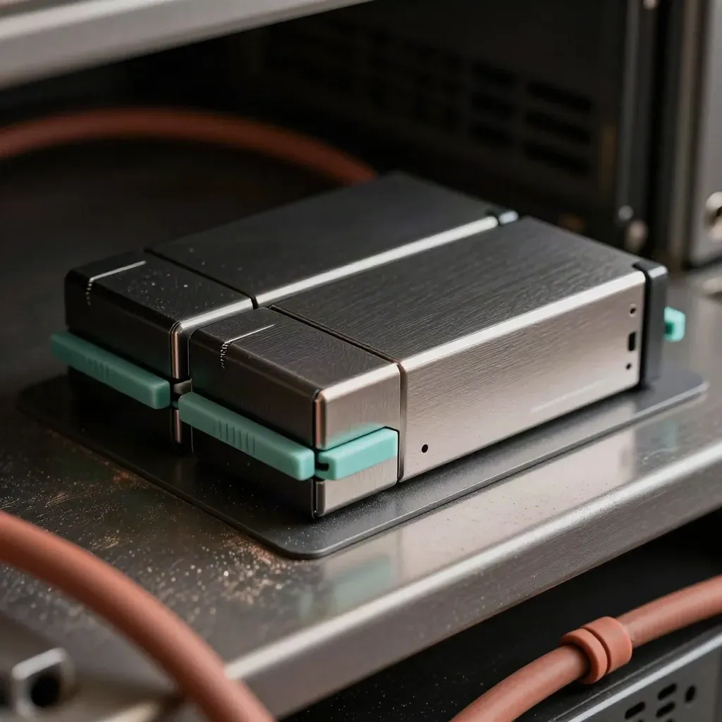Twin backup drive cartridges clipped to an anti-static pad, seen through a blurred cable