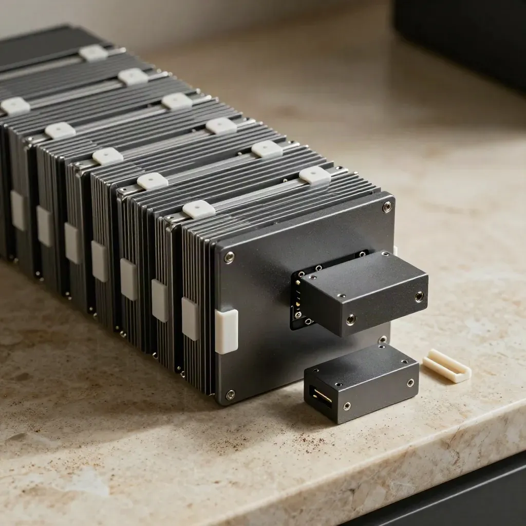 Top-down modular compute blocks and rail tabs on pale limestone.