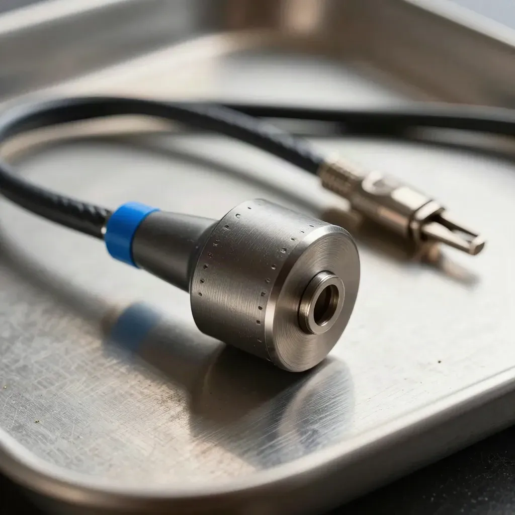Macro of a rack sensor puck beside a braided probe cable and blue calibration clip on graphite stone.