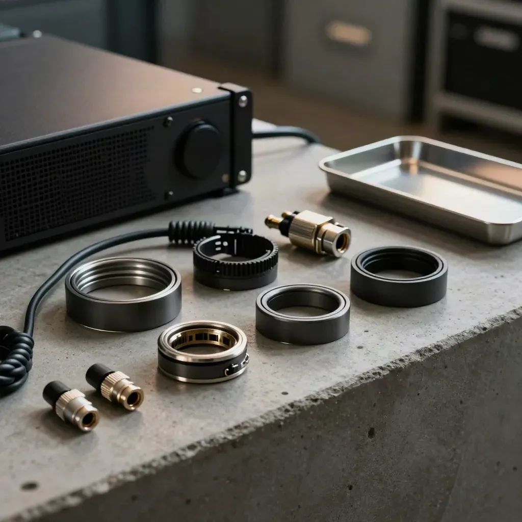 Adapter rings, transceiver shells, and a coiled patch lead on a concrete migration bench.