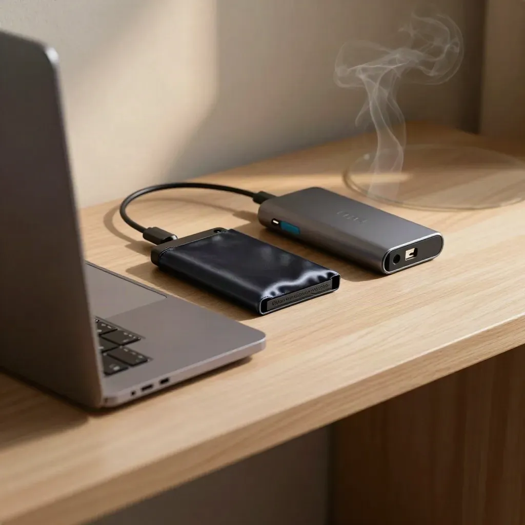 Startup launch kit: closed laptop, security key, SSD and USB-C dock on a pale wood shelf.