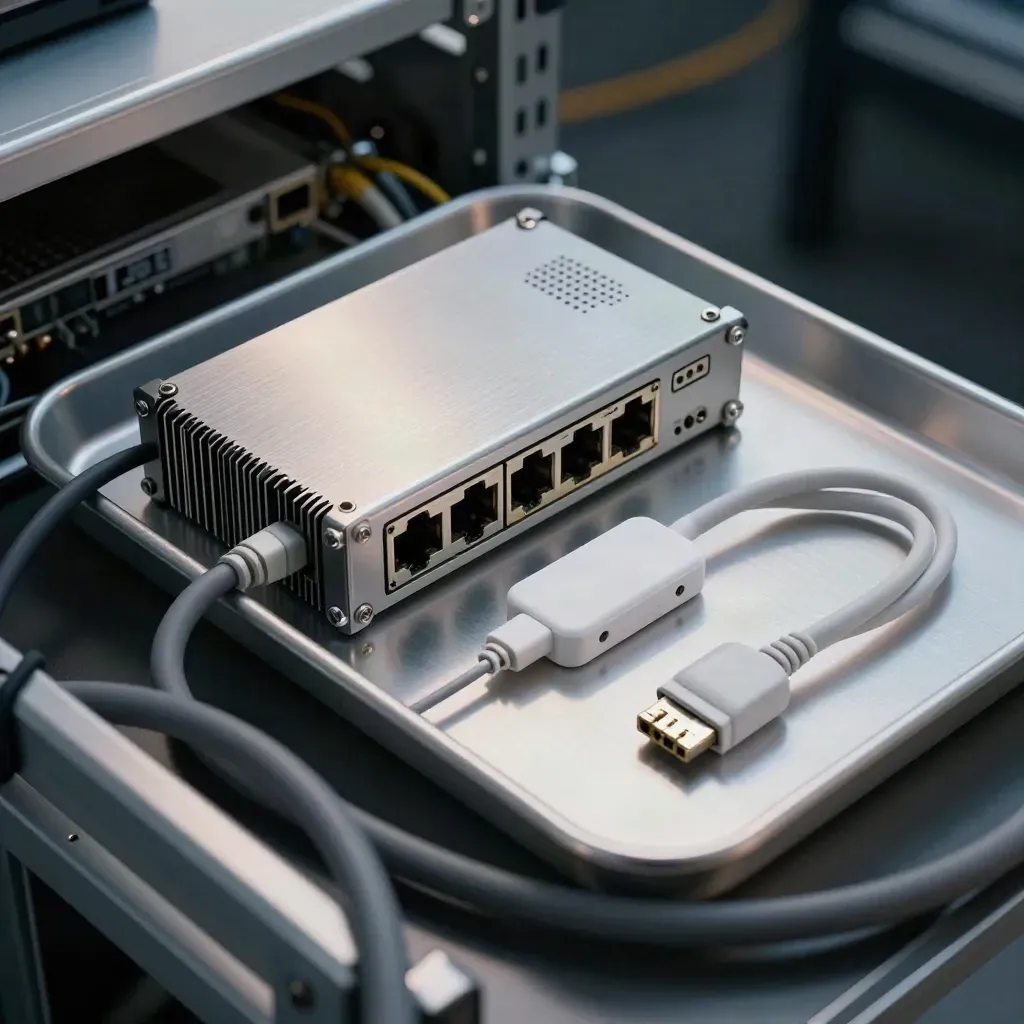 Top-down staging kit with mini server, ethernet adapter, security token, and coiled patch lead