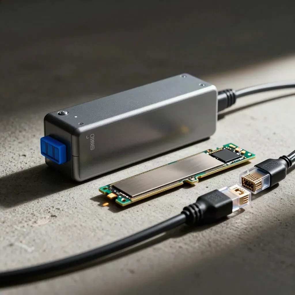 UPS battery cartridge, SSD, and ethernet patch leads on brushed concrete in dramatic light