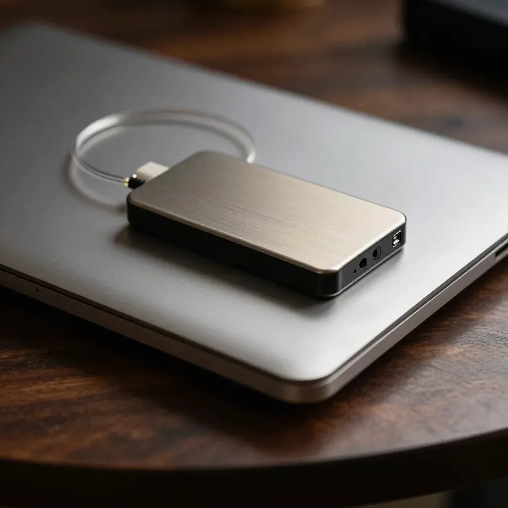 Macro still life of a worn aluminum laptop lid, backup SSD and coiled fiber loop on dark walnut.
