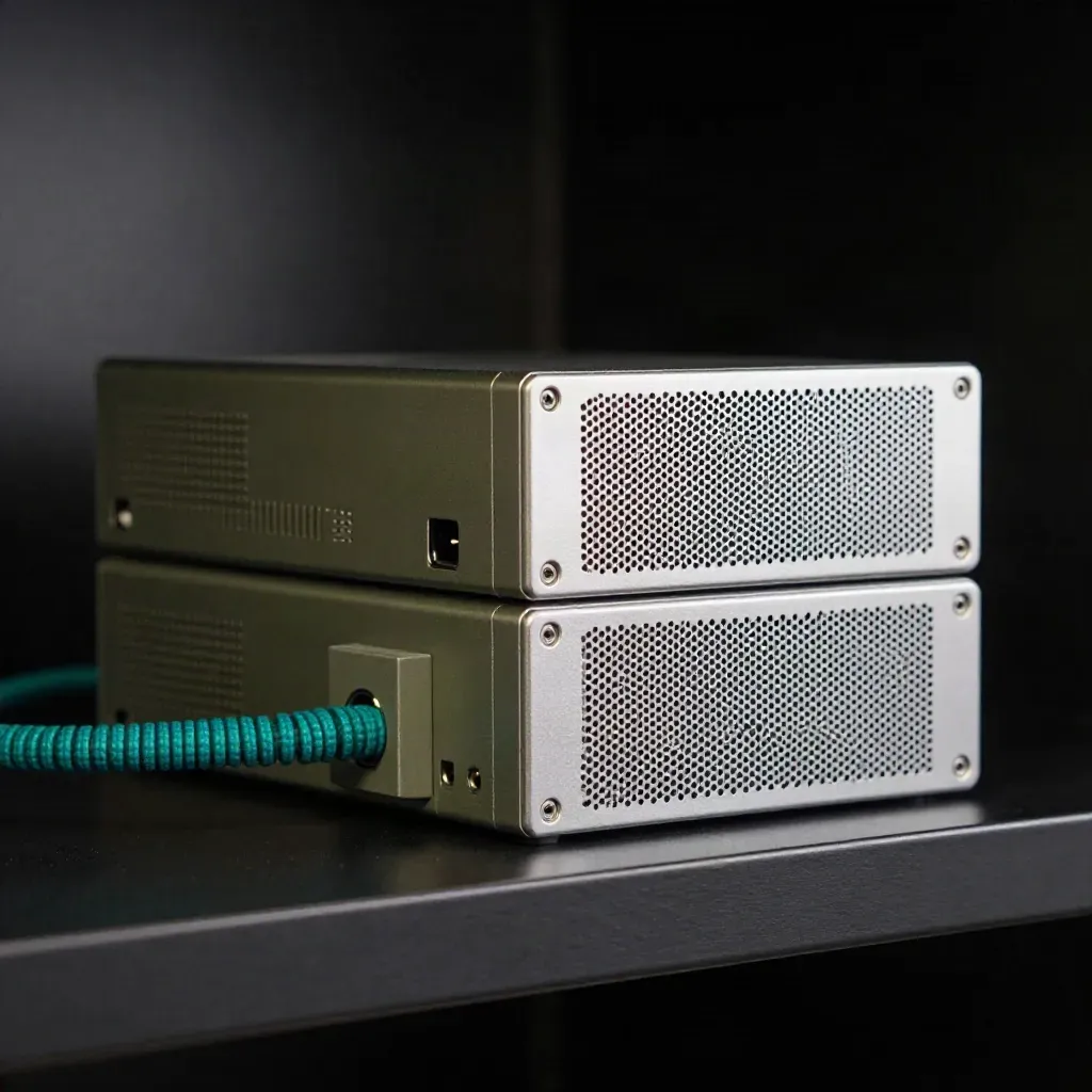 Two mini servers, a power brick and teal patch lead on a charcoal shelf in dramatic light