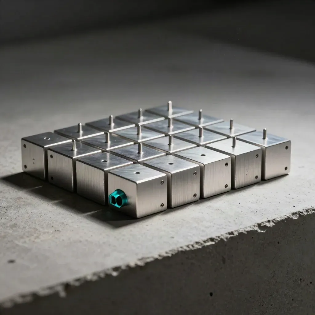Modular aluminum blocks and precision pins on pale concrete, lit dramatically with a teal accent.