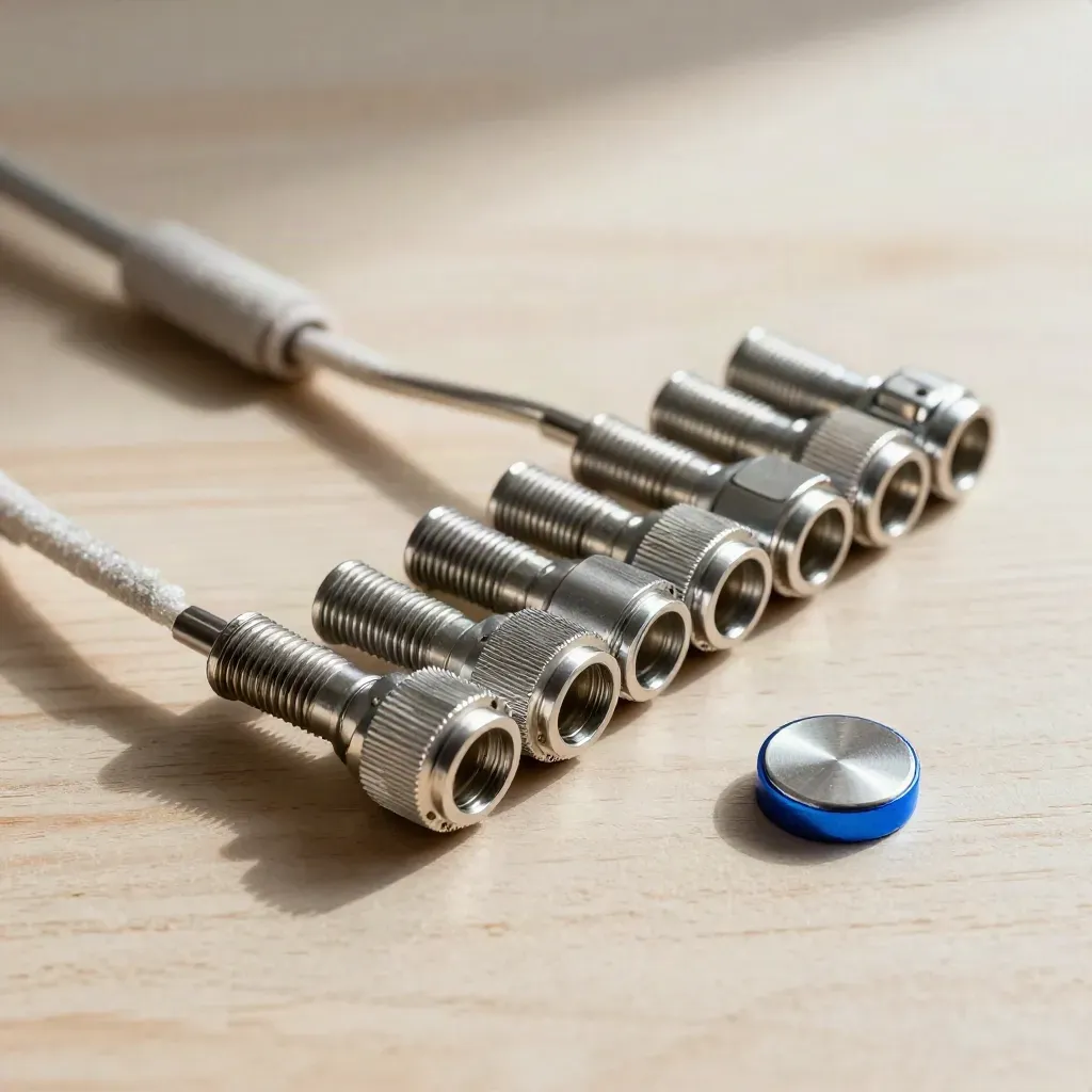 Aluminum couplers and connector pins aligned on pale wood in warm macro light.