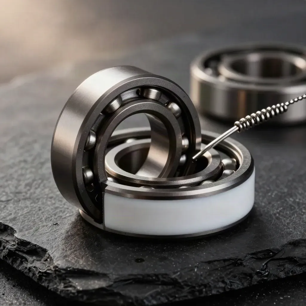 Macro of nested bearings, sensor ring, and cable clip on dark slate with grazing light.